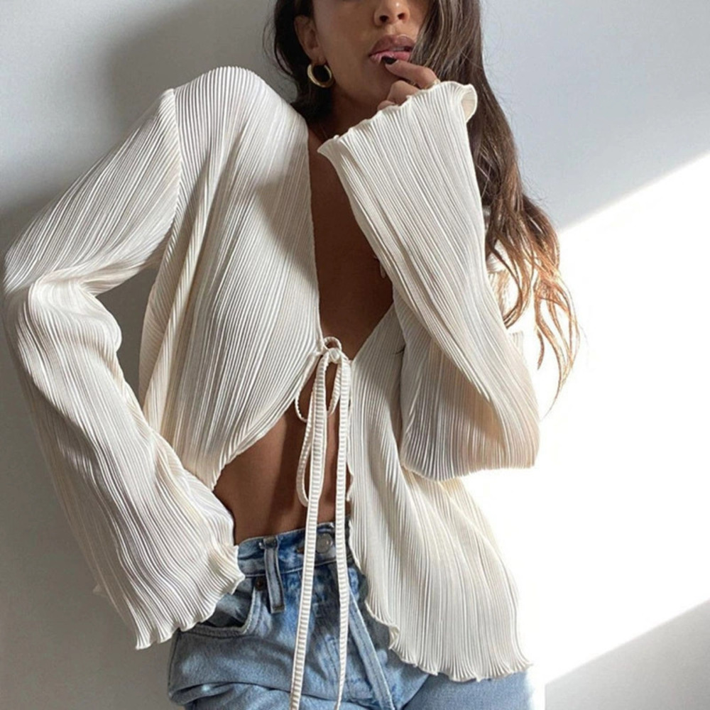 ZARA Women Summer Sexy Fitted Bell Sleeve Pleated French Blouse